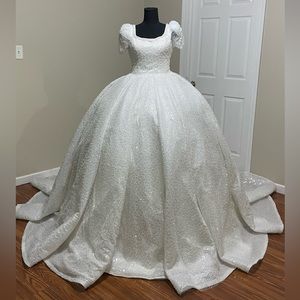 Luxurious Pearl Beaded Wedding Dress with Veil and Crown